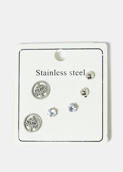 3-Pair Stainless Steel Stud Earrings